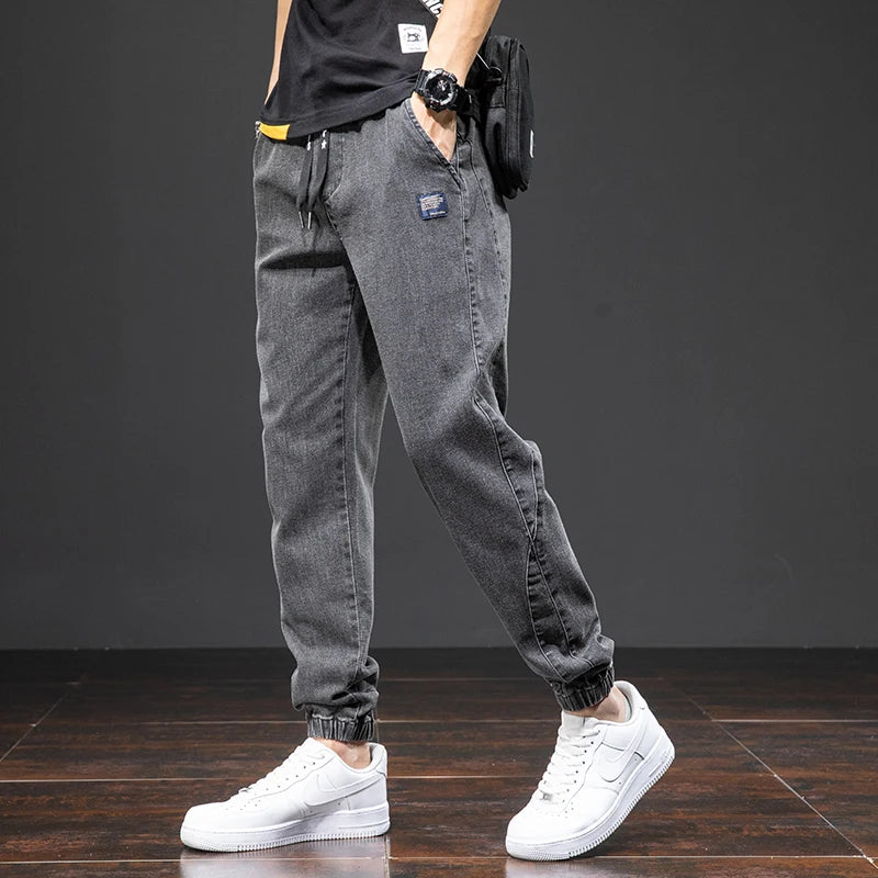 Mens Denim Cargo Jogger Pants, Baggy Harem Style, Drawstring Waist Plus Size