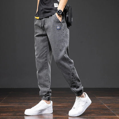 Mens Denim Cargo Jogger Pants, Baggy Harem Style, Drawstring Waist Plus Size