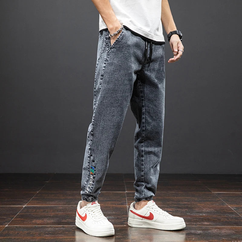 Mens Denim Cargo Jogger Pants, Baggy Harem Style, Drawstring Waist Plus Size