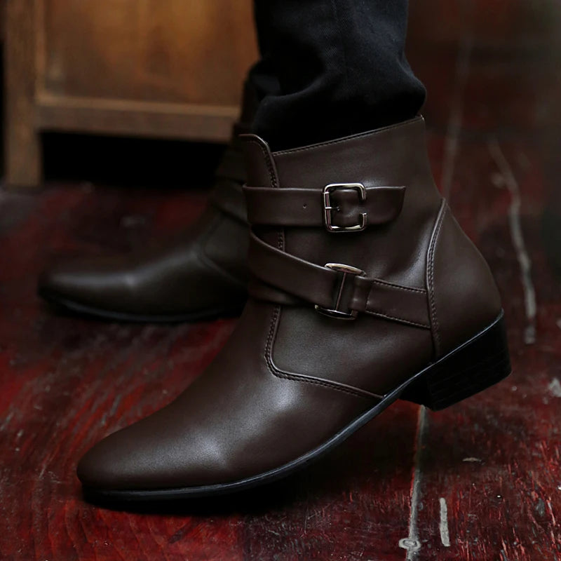 VUSUVON Fashion Men Spring Autumn Pointed Toe Height Increase Chelsea Ankle Boots Western High Top Casual Shoe PU Leather