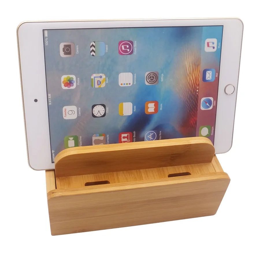 Bamboo Holder for iPhone Stand for Samsung Phone Cords Charging Station Docks Organizer for Smart Phones and Tablets USB Charger