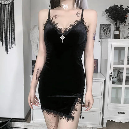 Black Mini Dress Spaghetti Strap High Waist Slit Polyester