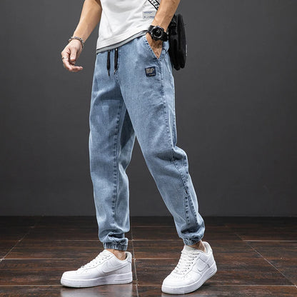Mens Denim Cargo Jogger Pants, Baggy Harem Style, Drawstring Waist Plus Size