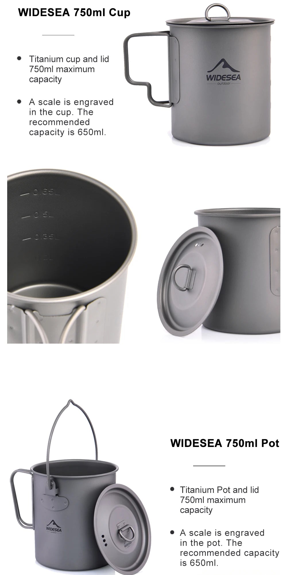 Titanium Camping Mug 0.6L Outdoor Cup For Hiking Cookware