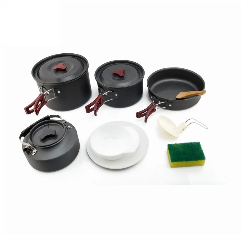 Camping Cookware Set With 1L Kettle And Utensils Aluminium Alloy Foldable