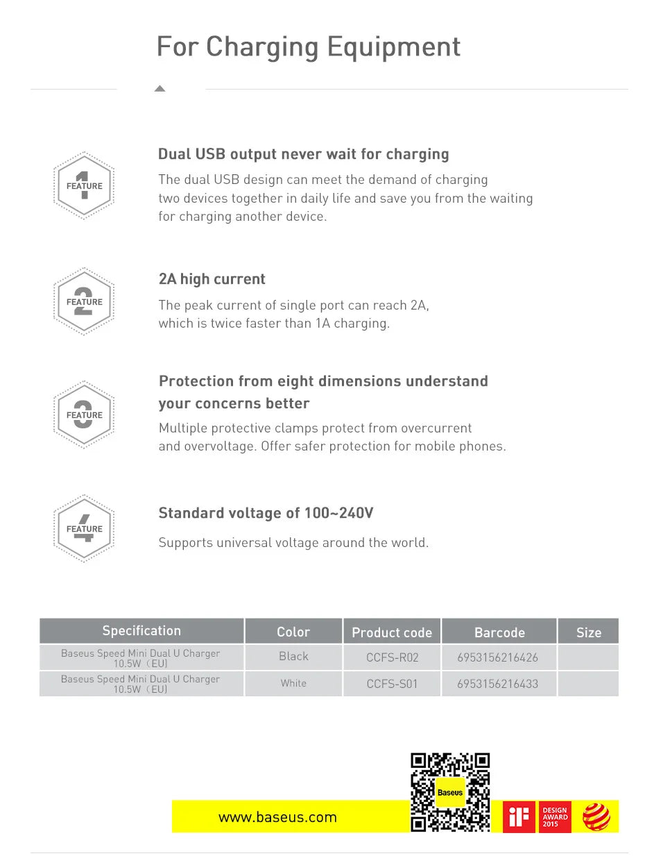 Baseus Dual USB Charger EU Plug Charger 2.1A Wall Charger Max Mobile Phone Charging Mini Adapter Travel Charger For iPhone