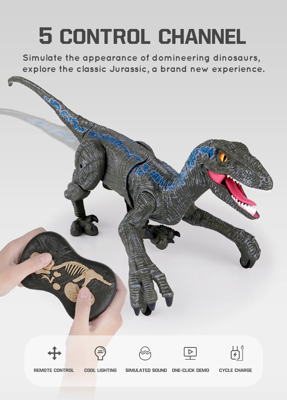 Smart RC Dinosaur 2.4G Remote Control Walking Velociraptor 5 Channel with Sound Effects LED Eyes Intelligent Toy Gift for Kids