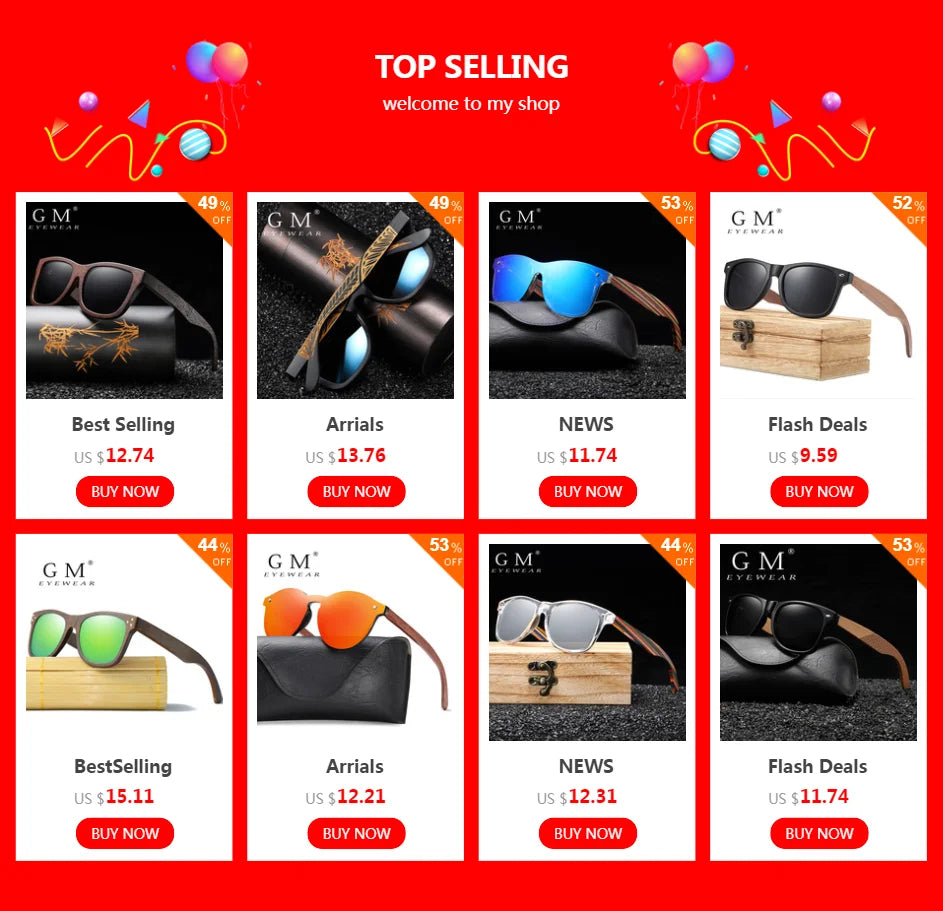 GM New Arrivals Black Wooden Polarized Sunglasses for Men Bamboo Sunglasses Red UV400 Lenses Fashion Driving Shades S5565