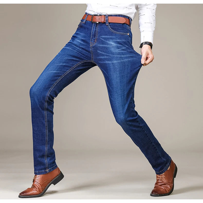 Autumn Classic Men's Fitted Stretch Jeans Business Casual Cotton Denim Straight Leg Pants Male Black Blue Trousers