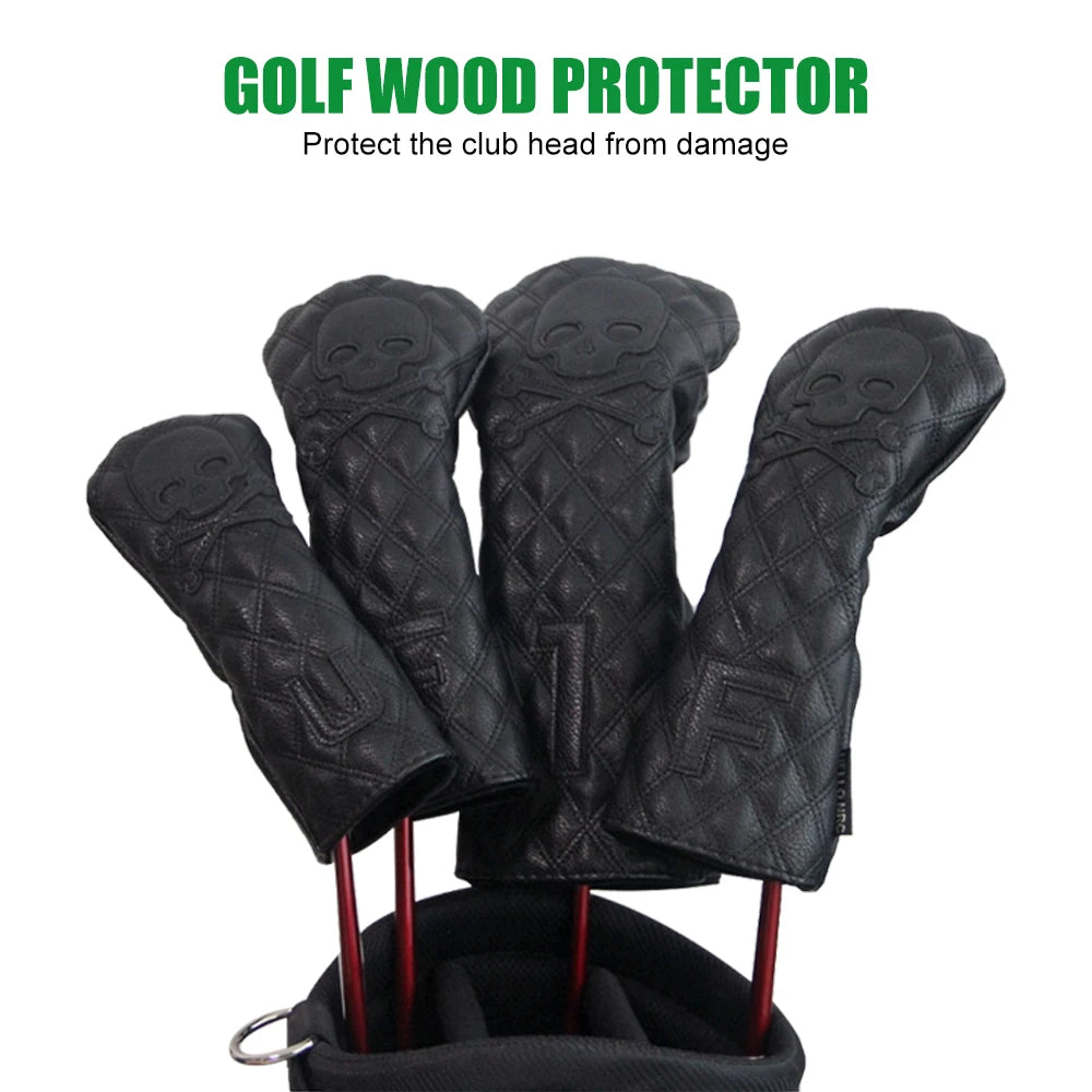 GLOOF Golf Skull Skeleton Head Cover Golf Club Black Leather cover set Fits Driver Fairway Wood Hybrid Golf supplies