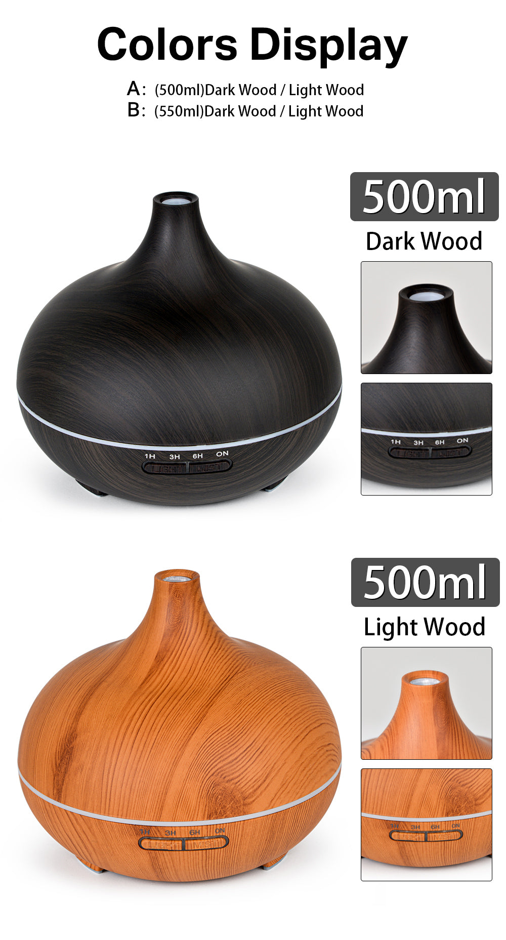 Aromatherapy Essential Oil Diffuser Wood Grain Remote Control Ultrasonic Air Humidifier Cool with 7 Color LED Light
