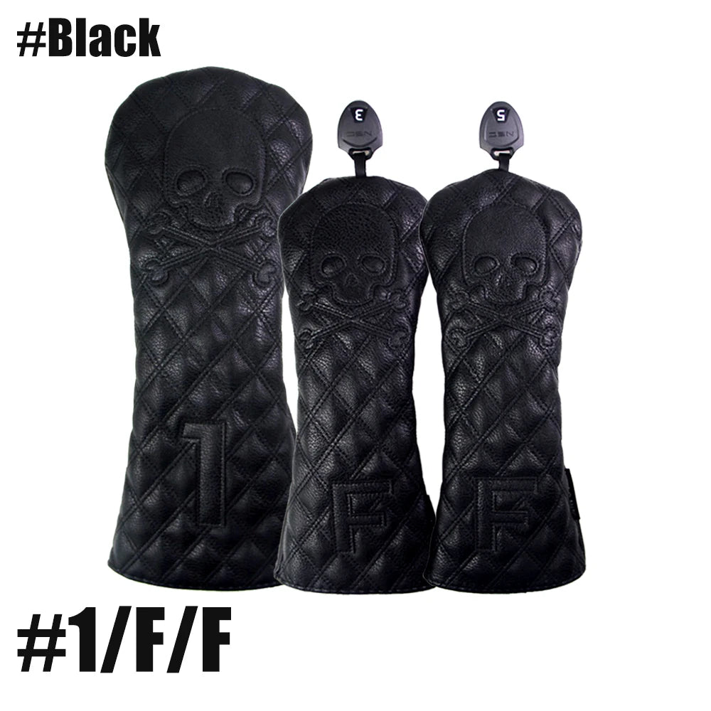 GLOOF Golf Skull Skeleton Head Cover Golf Club Black Leather cover set Fits Driver Fairway Wood Hybrid Golf supplies