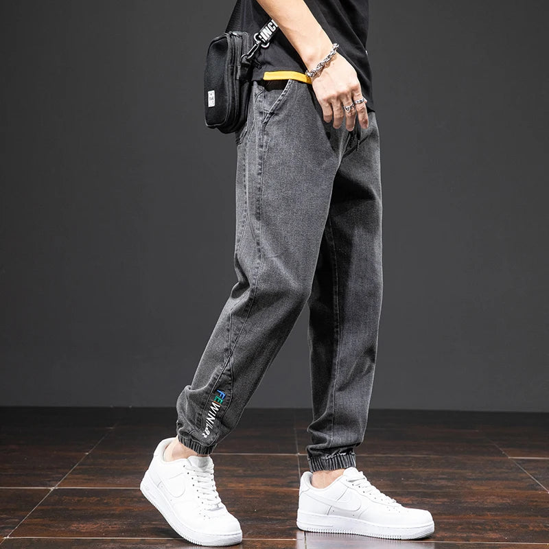 Mens Denim Cargo Jogger Pants, Baggy Harem Style, Drawstring Waist Plus Size