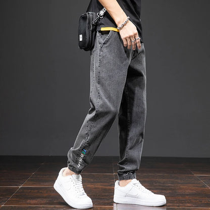 Mens Denim Cargo Jogger Pants, Baggy Harem Style, Drawstring Waist Plus Size