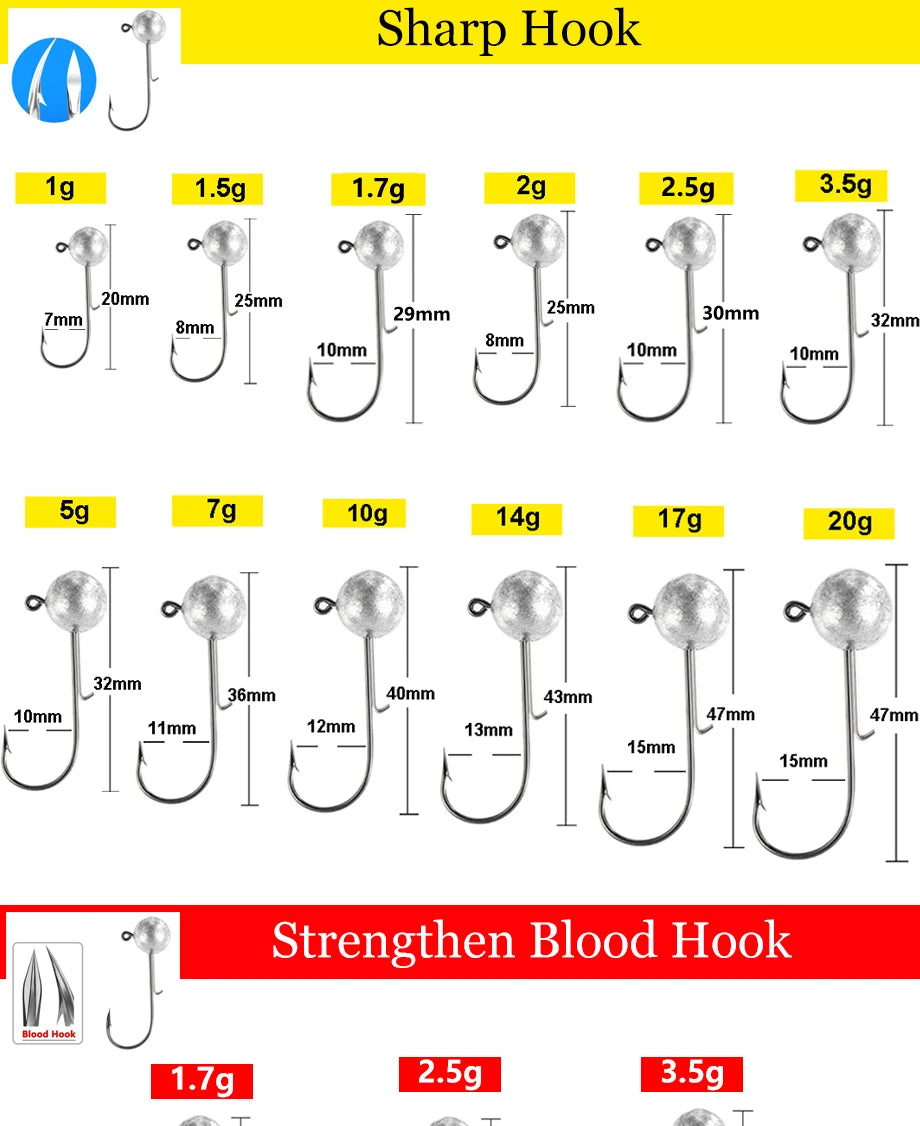 10pcs/lot big head jigs hook 1g-20g All size Round Ball Jig Head Hook Weedless Long Shank Jig Head For Soft Worm Fishing
