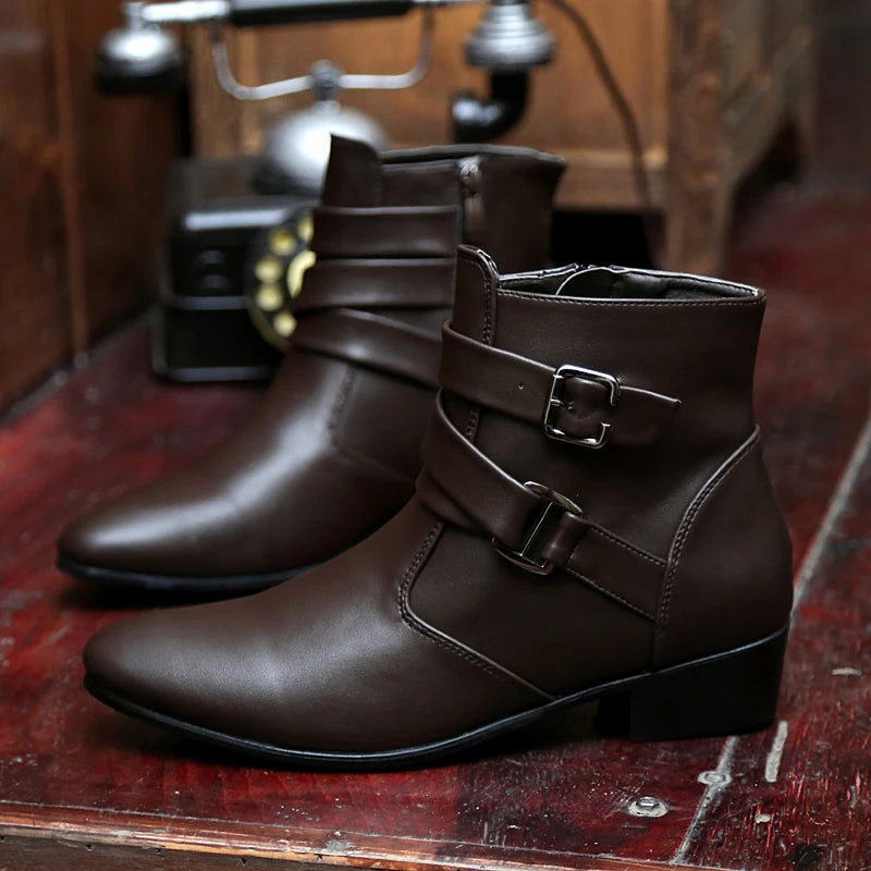 VUSUVON Fashion Men Spring Autumn Pointed Toe Height Increase Chelsea Ankle Boots Western High Top Casual Shoe PU Leather