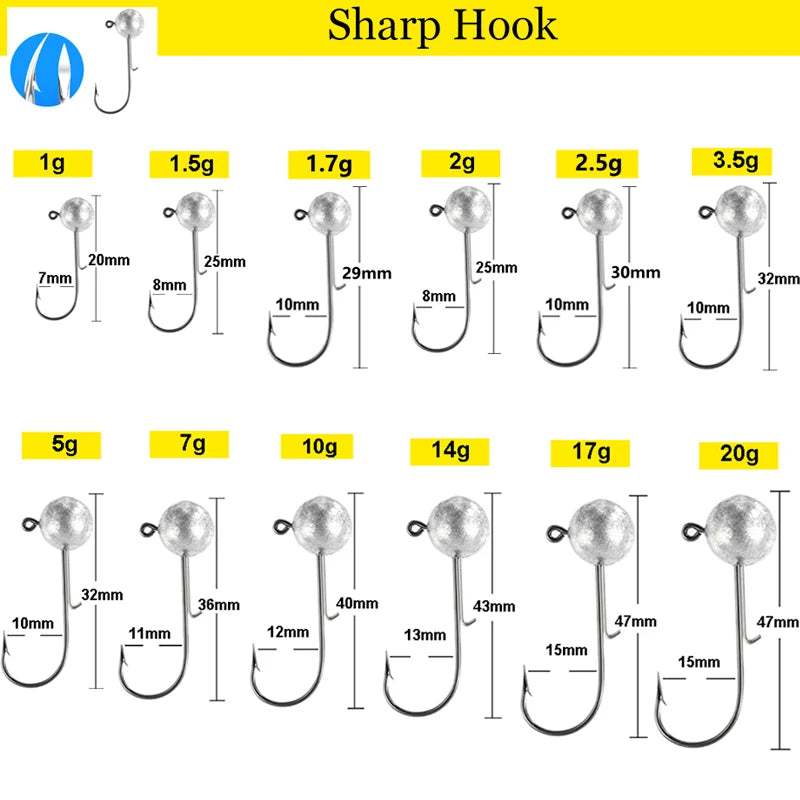 10pcs/lot big head jigs hook 1g-20g All size Round Ball Jig Head Hook Weedless Long Shank Jig Head For Soft Worm Fishing