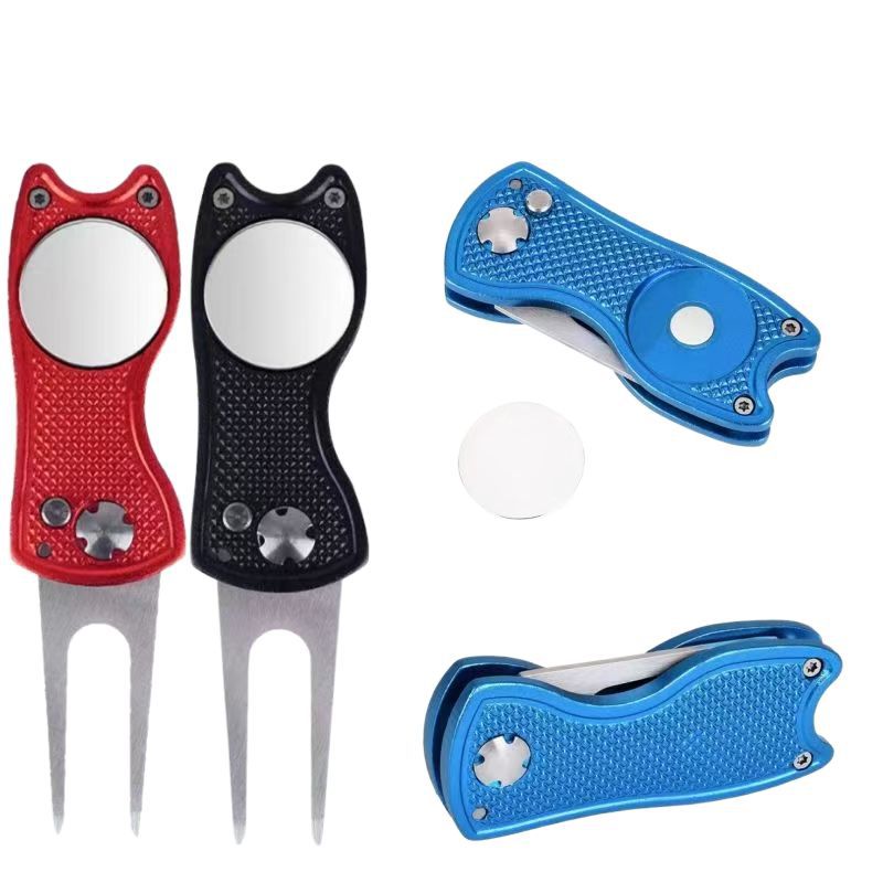 1PC Foldable Metal Golf Turf Repair Tool With Magnetic Ball Marker And Pop-Up Button For Golf Green Fork Golf Tool
