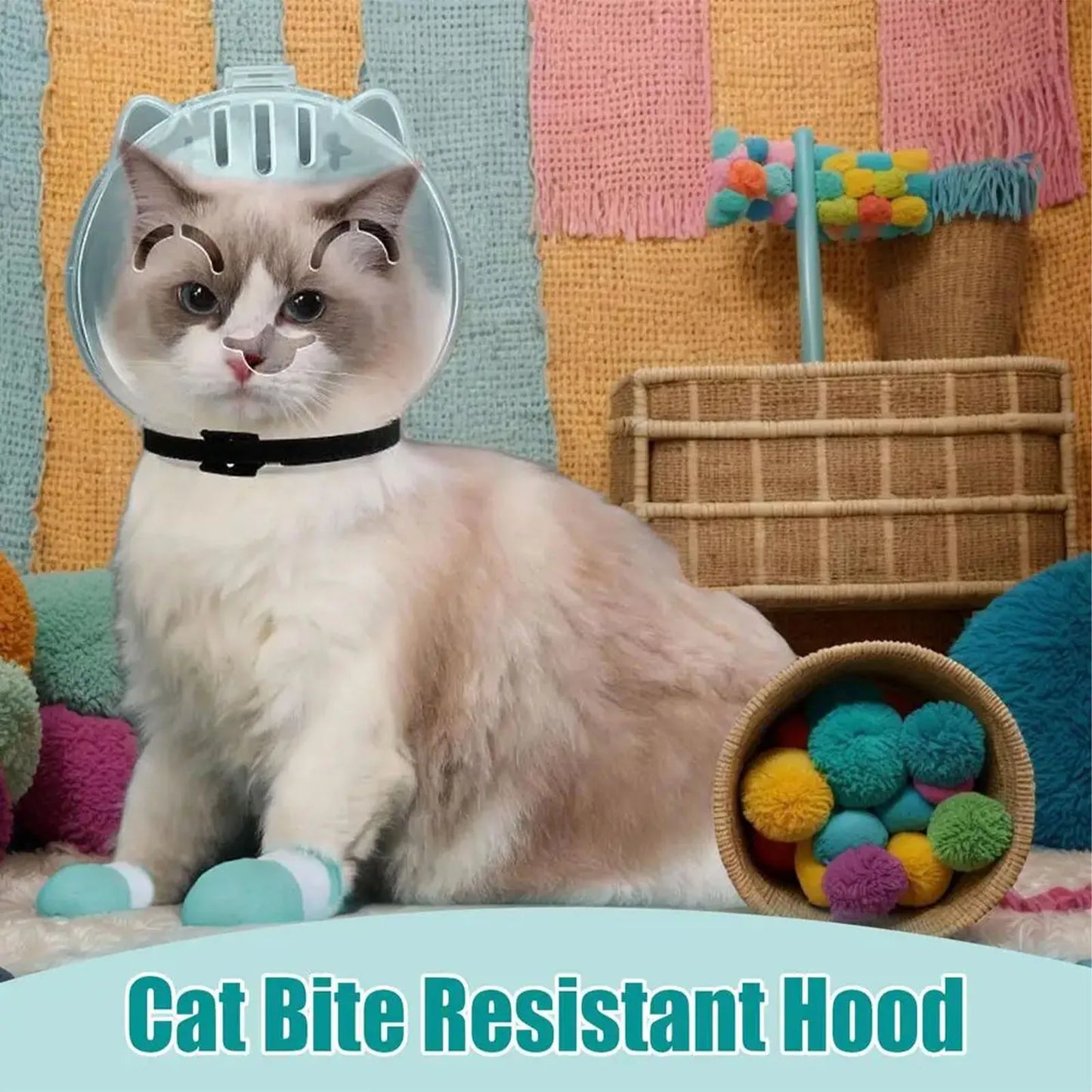 Cat Muzzle & Grooming Cover – Anti-Bite and Anti-Licking Helmet with Silicone Paw Shoes