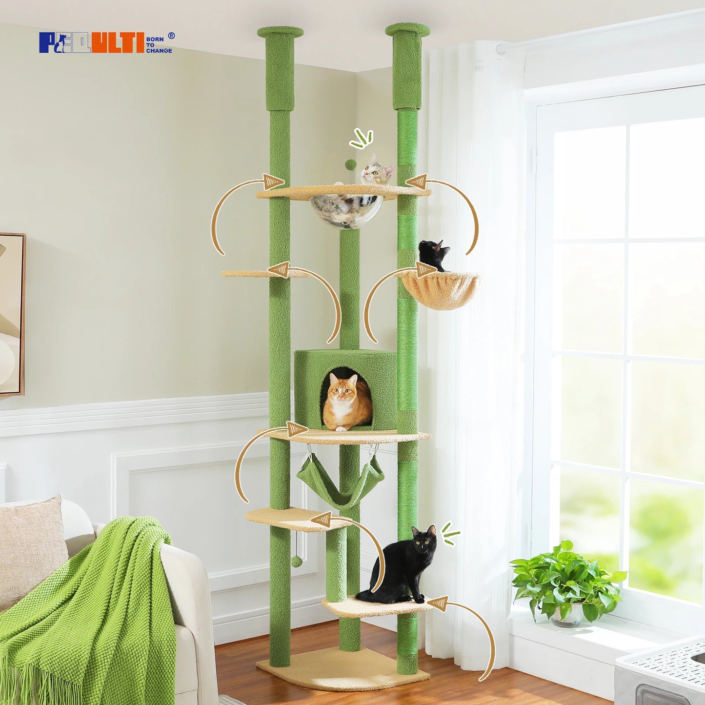 Floor to Ceiling Cat Tree with Sisal Scratching Posts Cozy Condo Hammock Adjustable Height Tall Cat Tower for Indoor Cat Toys