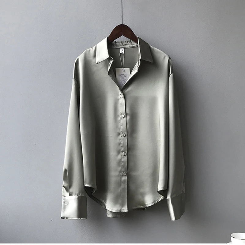 Spring Fashion Button Up Satin Silk Shirt Vintage Blouse Women White Tops Lady Long Sleeves Female Loose Street Shirts 11355