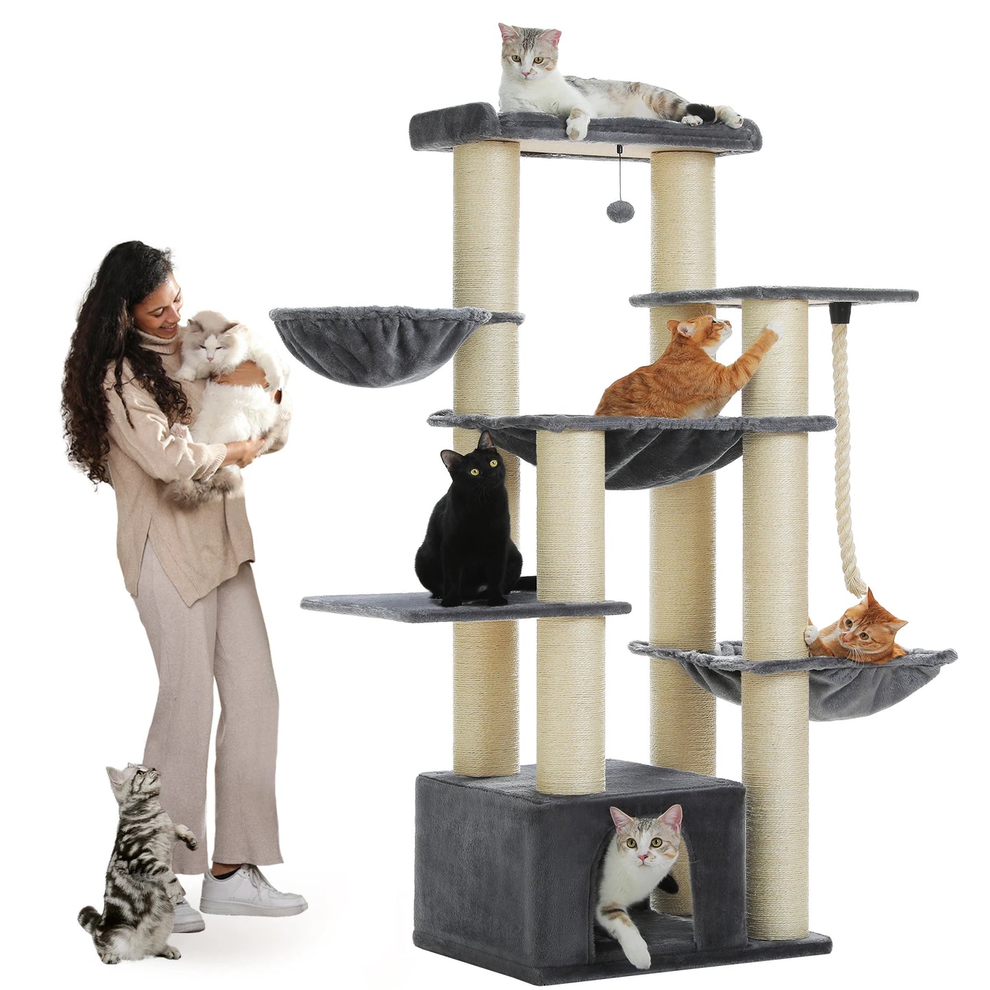 Multi-Level Cat Tree with Scratching Posts, Cozy Condo, Super Large Perch, Deep Hammocks, Tall Cat Tower for Indoor Adult Cats