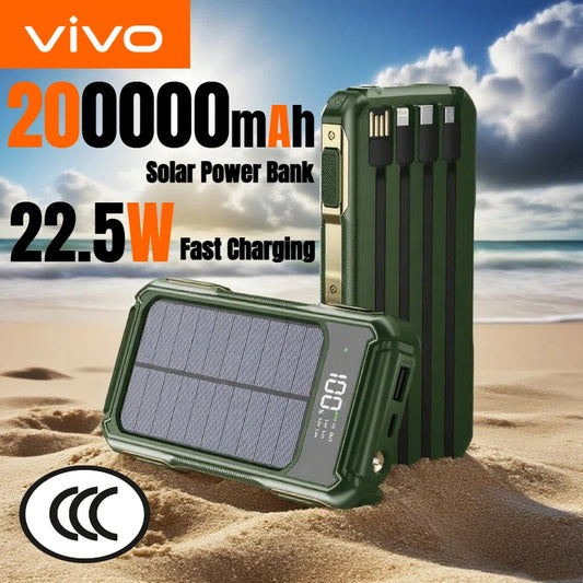 VIVO 200000mAh Solar Power Bank Large Capacity 4 in 1 Built in Cables Intelligent Digital Display Laser Light For Samsung