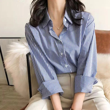 Striped Women's Blouse With Lantern Sleeves And Stand Collar Polyester