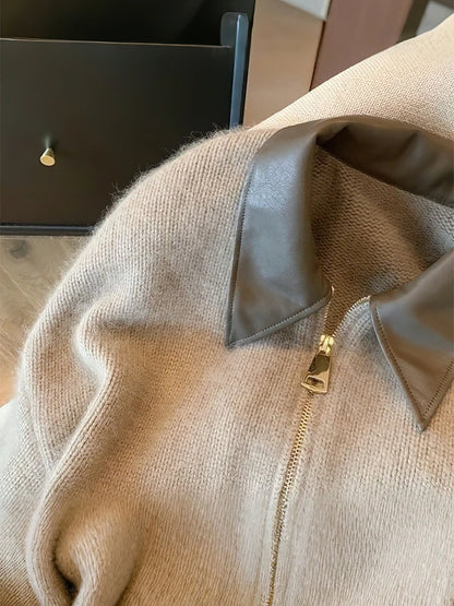 Patchwork Cropped Cardigan With Zipper, Women's Knitted Bomber Style