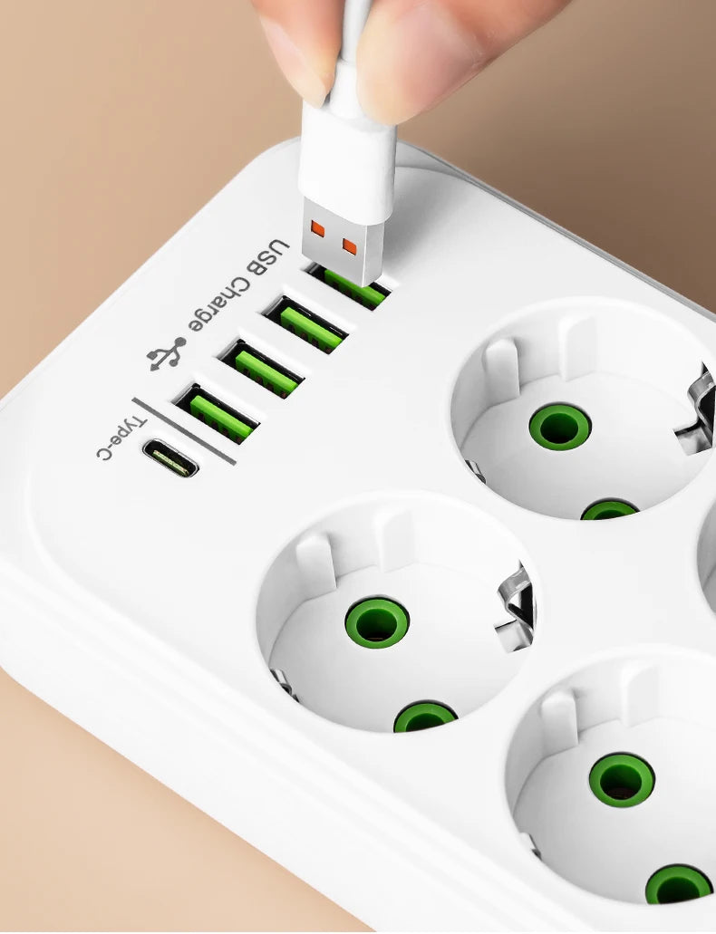 EU Plug Power Strip 6 AC Outlet Multitap Extension With 5 USB Ports 3m Cord Electrical Socket 2500W Fast Charge Surge Protector
