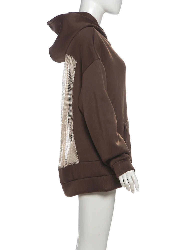 Sisterlinda Hooded Harajuku Sweatshirt Women Autumn Trend Backless ShinyThrea Mesh Patchwork Casual Street Hipster Pulloverr
