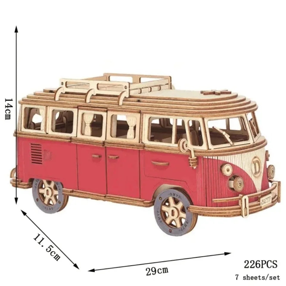 3D Wooden Car Retro Bus Europeanstyle Campervan DIY Manual Assembly Puzzle Camper Van Educational Toy for Children Christma Gift