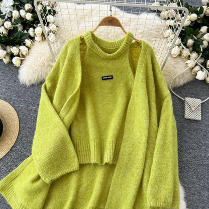 Womens Knit Cardigan Long Sleeves And Sleeveless Tank Top Set Polyester
