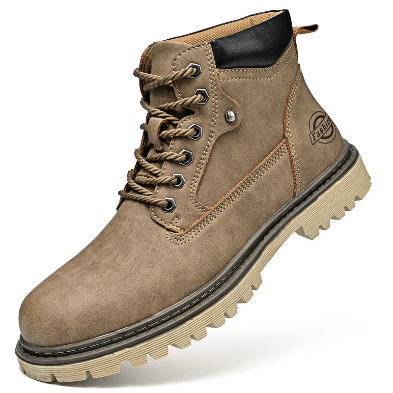 Leather Men Work Boots Mid Calf Ankle High Top Non Slip