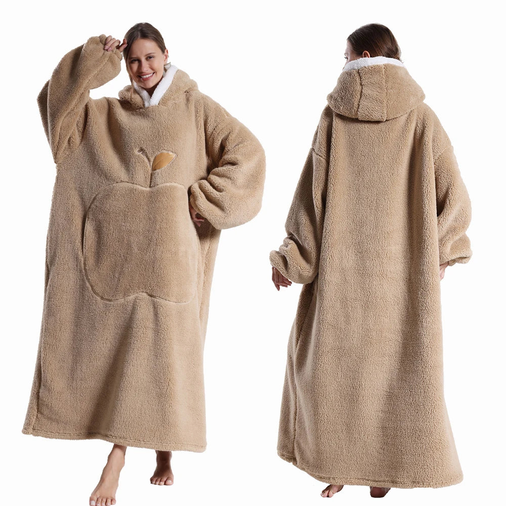 Extra Long Hooded Blanket – Winter Flannel Wearable Throw with Full Sleeves