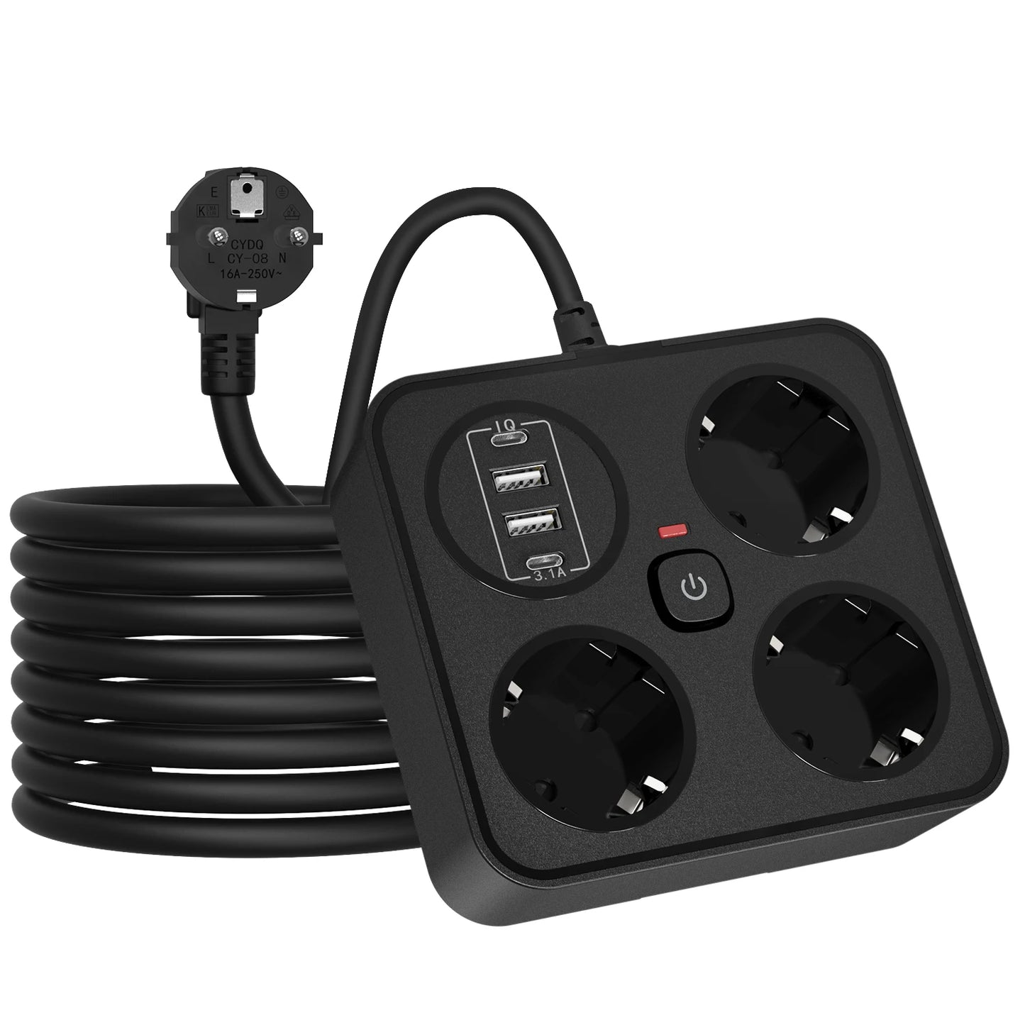 European plug extension cord power strip with 3AC+2USB-A+2USB-C with switch multi-contact socket 13A 250V 3250W surge protector