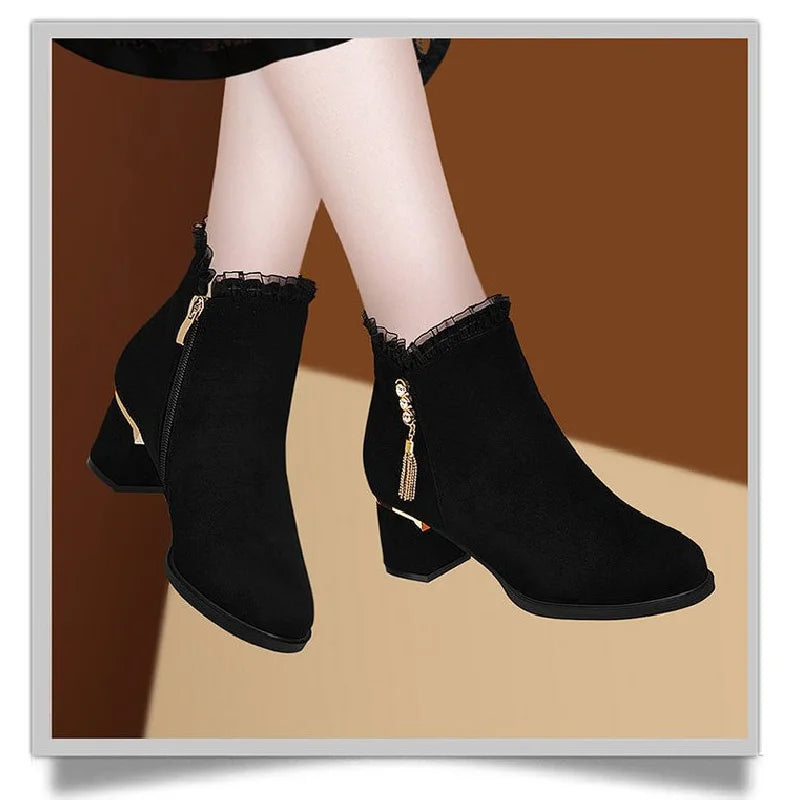 2025 New British Style Winter Boots Women - Round Toe Tassel Furry Lined Mid Heel Ankle Boots Diamond Decor Zip Side