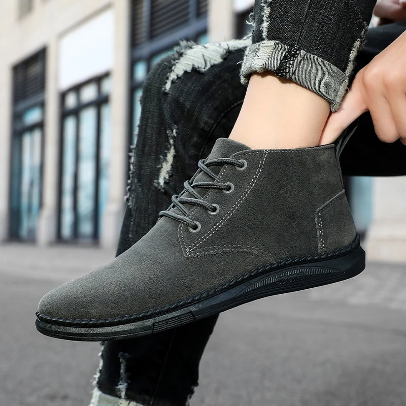High Top Casual Board Shoes Men's Lace Up Suede Black Flat Bottom Short Boots Men's Chelsea Boots High-quality Brand Denim Boots