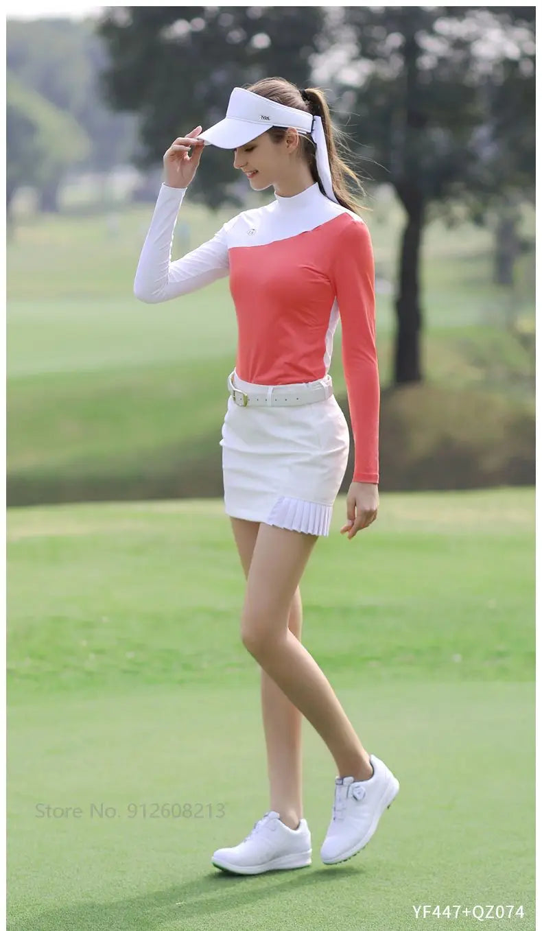 PGM Golf Clothing Ladies Long Sleeve Bottoming Shirts for Women Warm Slim Fit Golf Shirts Female Patchwork Stretch Sports Tops