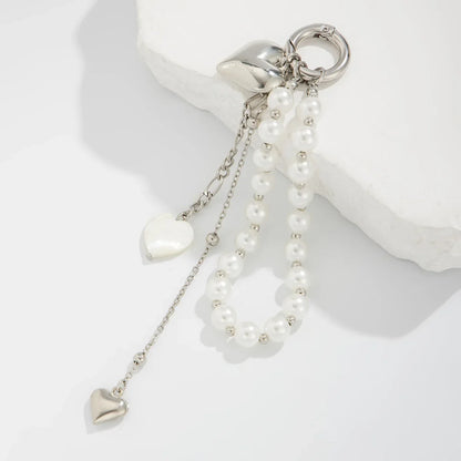 Pearl Beaded Keychain With Peach Heart Bead And Zinc Alloy Chain