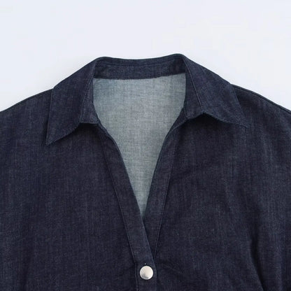 Denim Midi Dress For Women With Lapel And Side Zipper