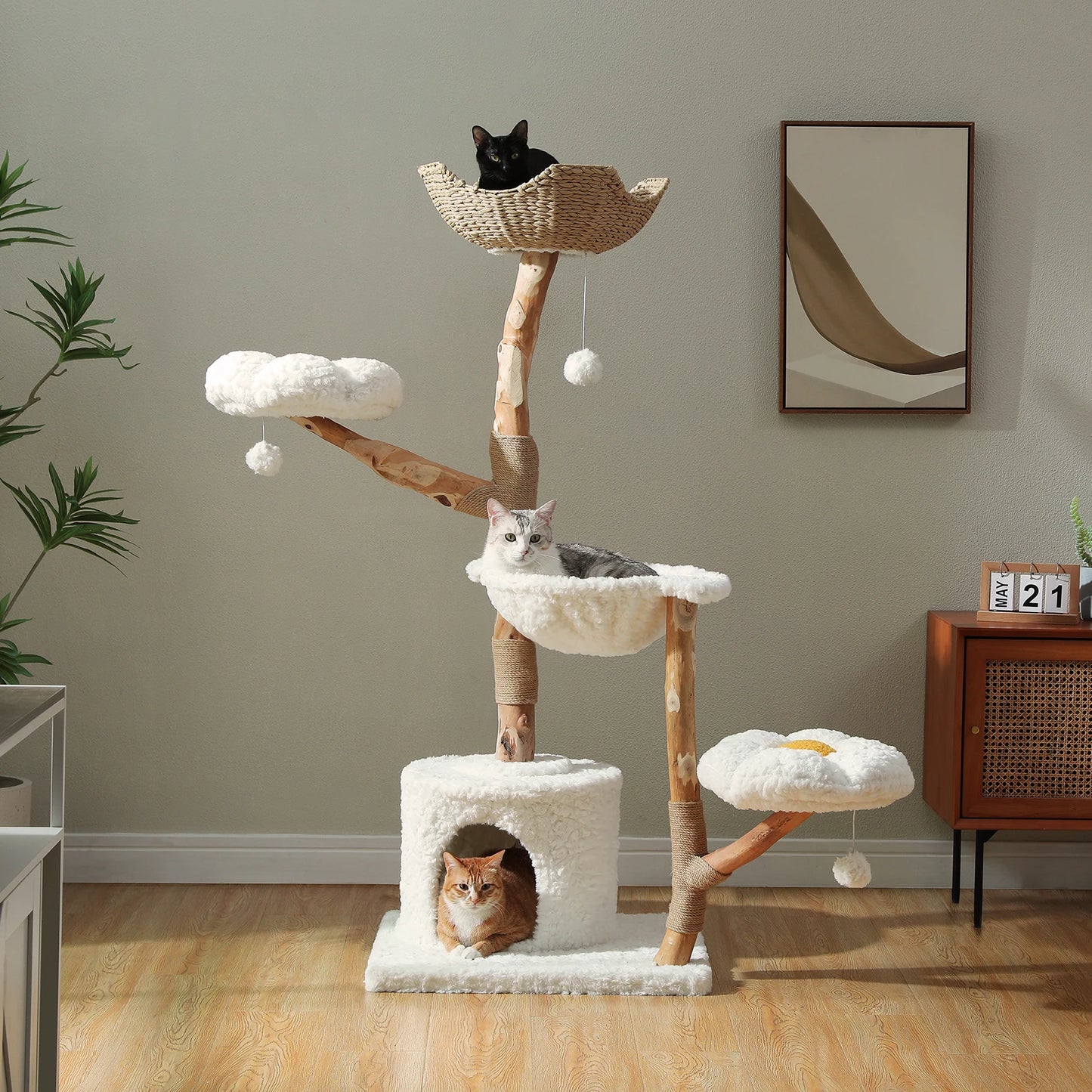 Solid Wood Cat Tree Modern Cat Tower with Spacious Cat Condo,Flower Perches,Fun Pompom,Double Comfort Perfect for Indoor Kittes