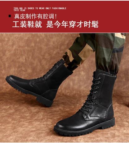 Men's Leather Motorcycle Boots Mid-Calf With Plush Lining