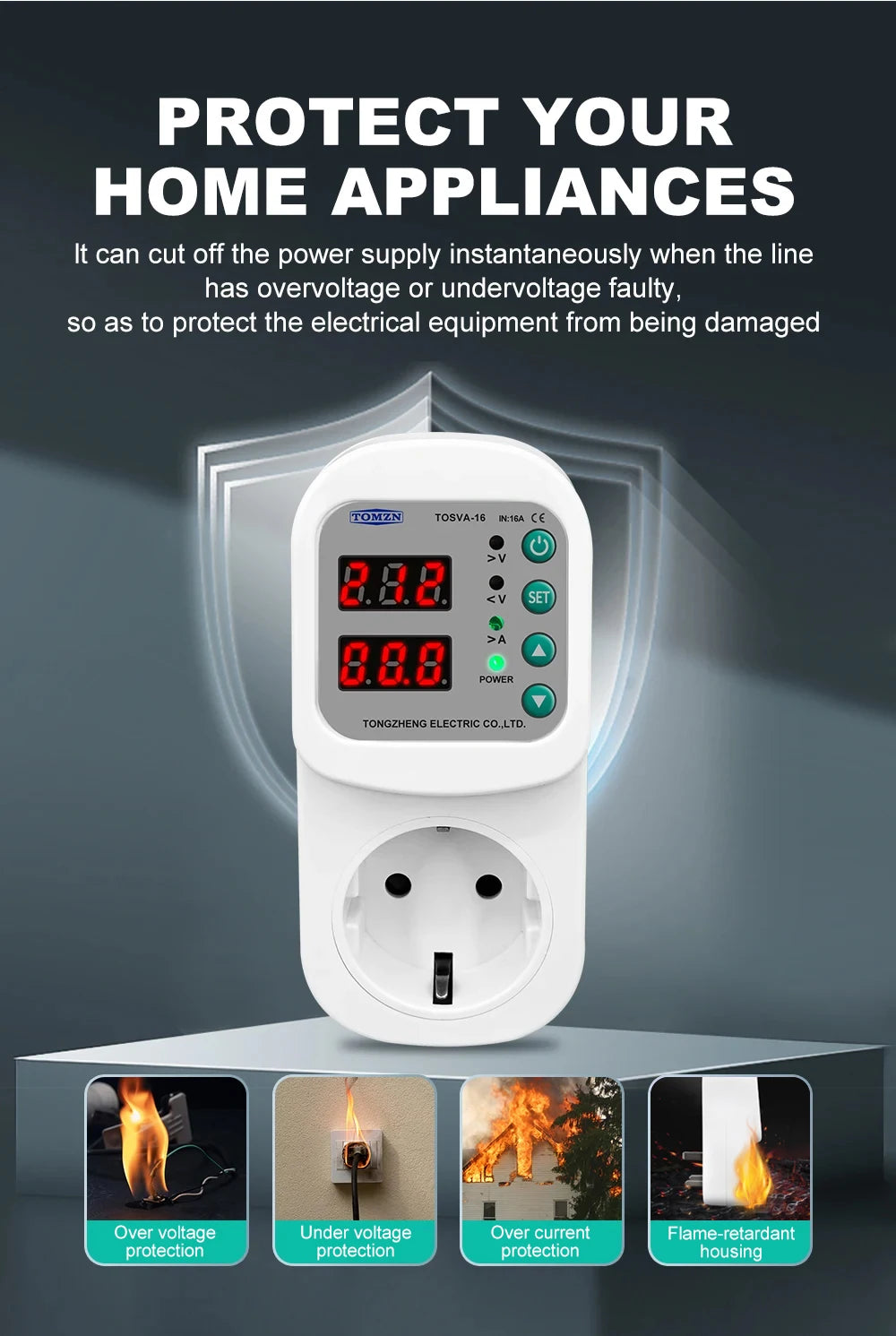 TOMZN Automatic Voltage Current Protector Socket AC110V 220V Adjustable 1-16A Power Surge Protector EU Plug Socket TOSVA-16