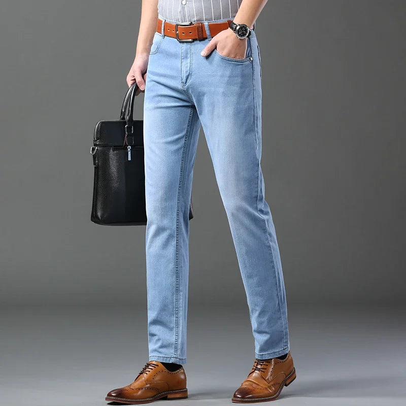 Men's Denim Jeans Straight Leg Stretch Black Sky Blue Gray