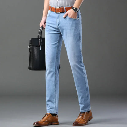 Men's Denim Jeans Straight Leg Stretch Black Sky Blue Gray