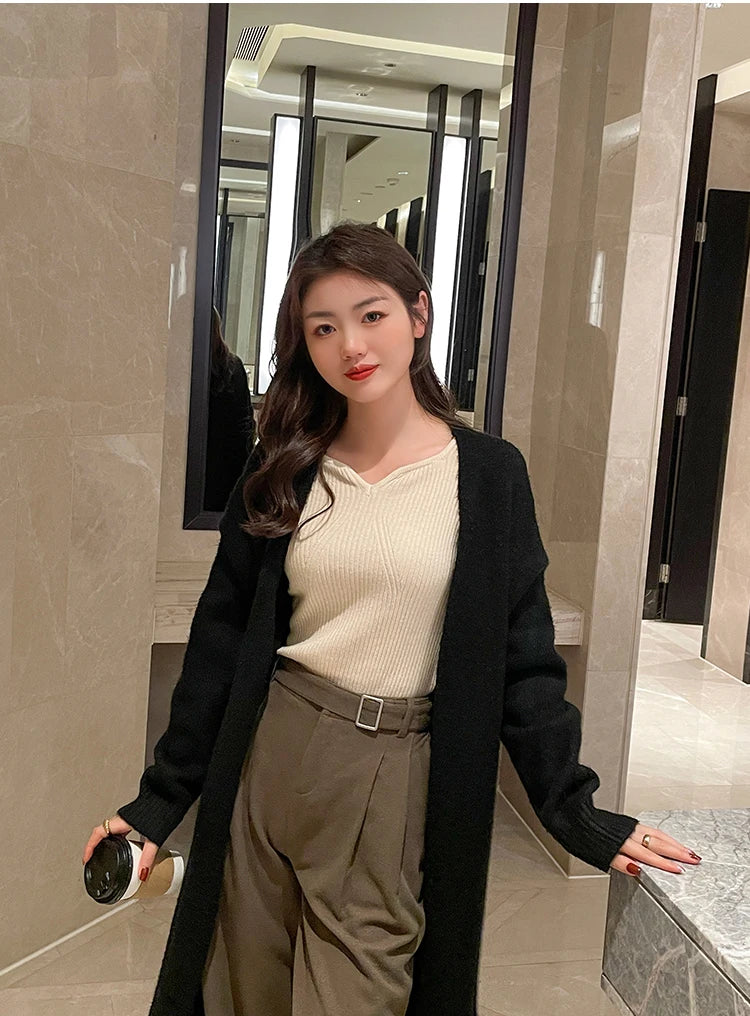 2025 Basic V-neck Chic  Autumn Winter Pullover Women Female Knitted Ribbed Sweater Slim Long Sleeve Badycon High Quality Sweater