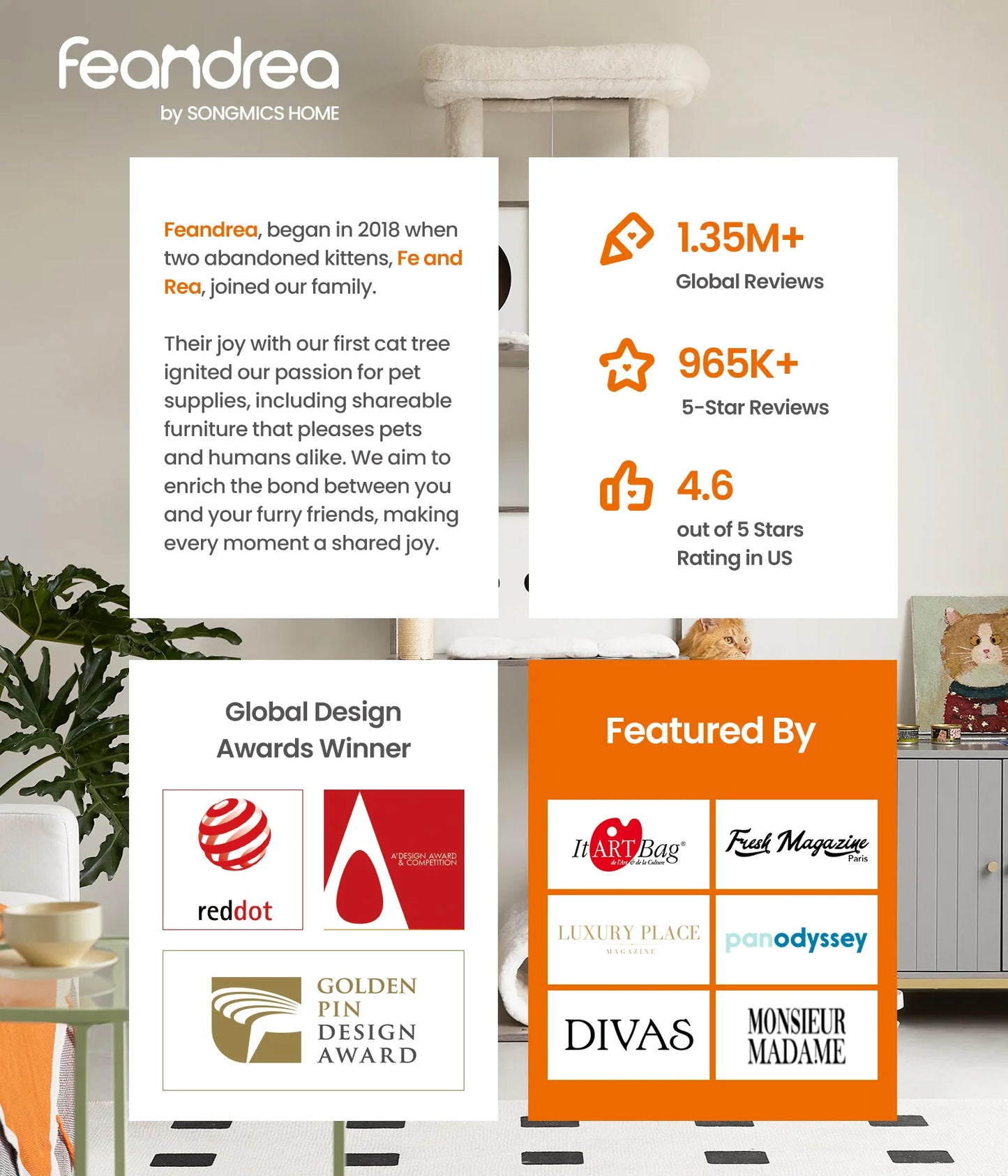 Feandrea Cat Tree, 56.3-Inch Cat Tower for Indoor Cats, Multi-Level Cat Condo with 4 Scratching Posts, 2 Perches, Hammock, Cave