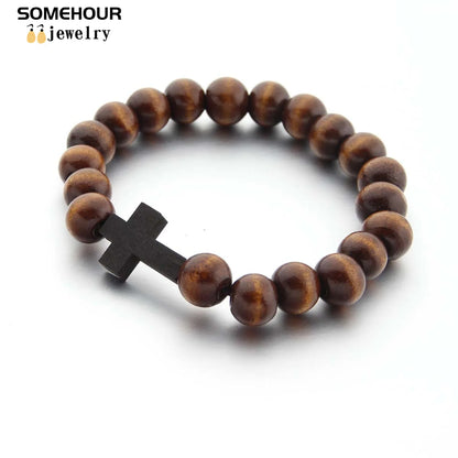 Wood Bead Cross Necklace & Bracelet Set – Religious Accessories for All