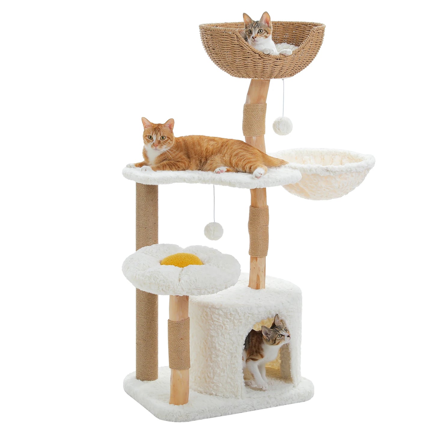 Solid Wood Cat Tree Modern Cat Tower with Spacious Cat Condo,Flower Perches,Fun Pompom,Double Comfort Perfect for Indoor Kittes